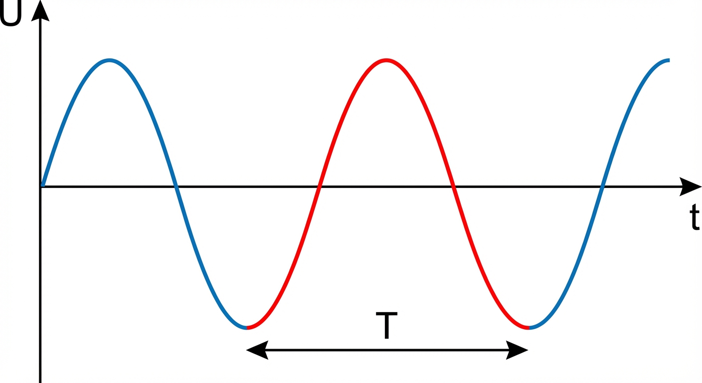 Graphique 2D simple sur fond blanc avec axes noirs. Axe X : temps (t). Axe Y : tension (U). Une courbe sinusoïdale bleue. Un motif complet (une oscillation) est surligné en rouge. Une double flèche noire horizontale sous ce motif indique la durée notée 'T'.