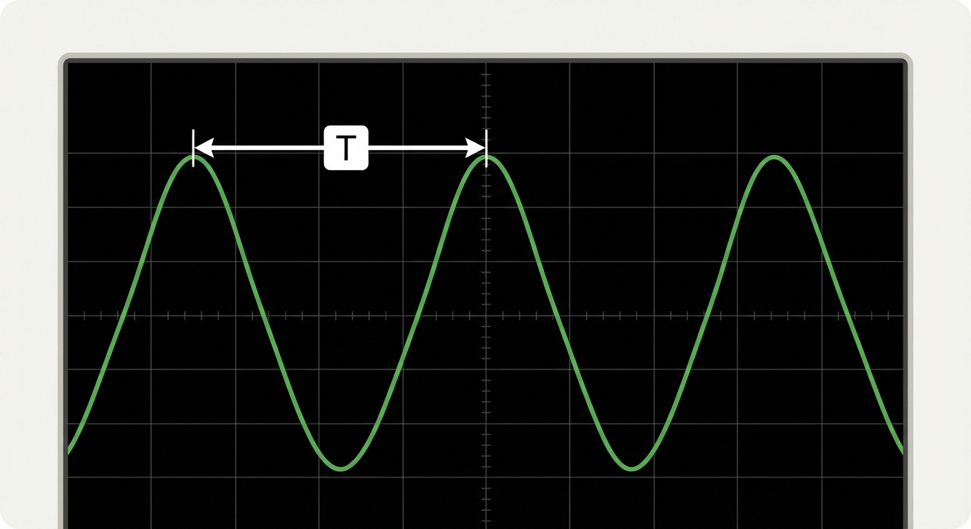 Écran type oscilloscope fond quadrillé noir. Trace verte sinusoïdale avec 3 sommets visibles. Une flèche blanche horizontale relie le sommet du premier pic au sommet du deuxième pic. Une étiquette indique clairement 'T' au milieu de la flèche.
