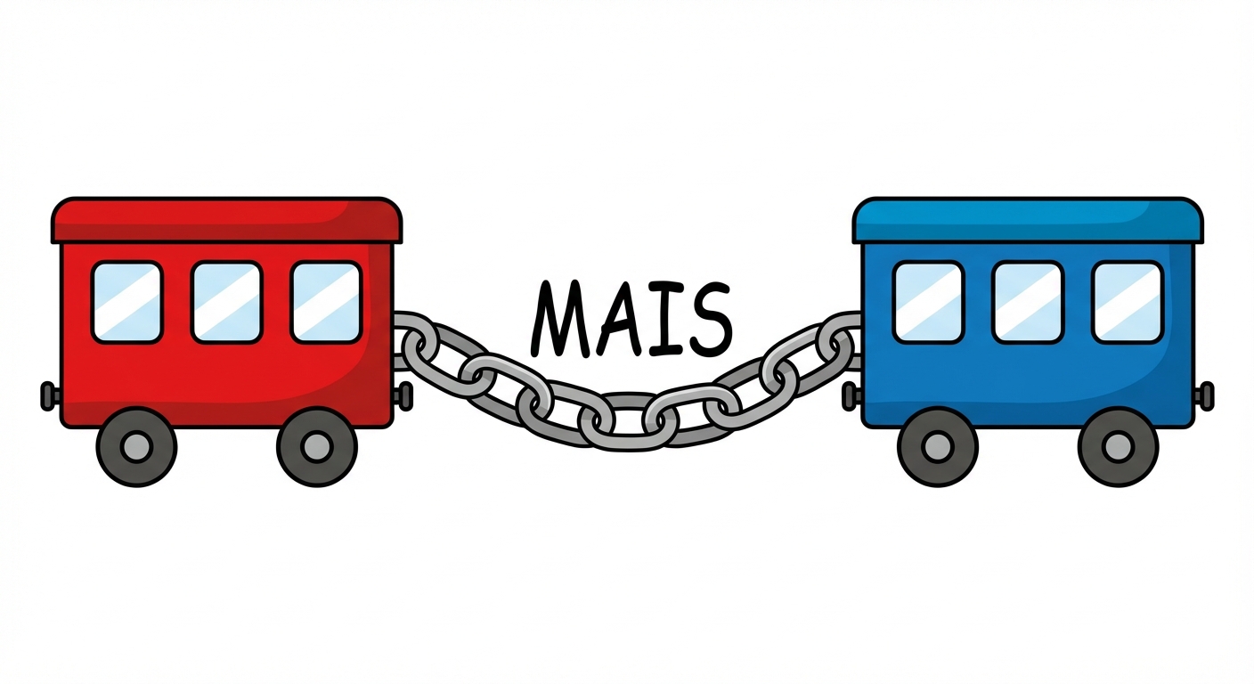 Dessin vectoriel simple sur fond blanc. Deux wagons de train colorés (un rouge, un bleu) sont reliés par une grosse chaîne en métal. Sur la chaîne, le mot 'MAIS' est écrit en noir.