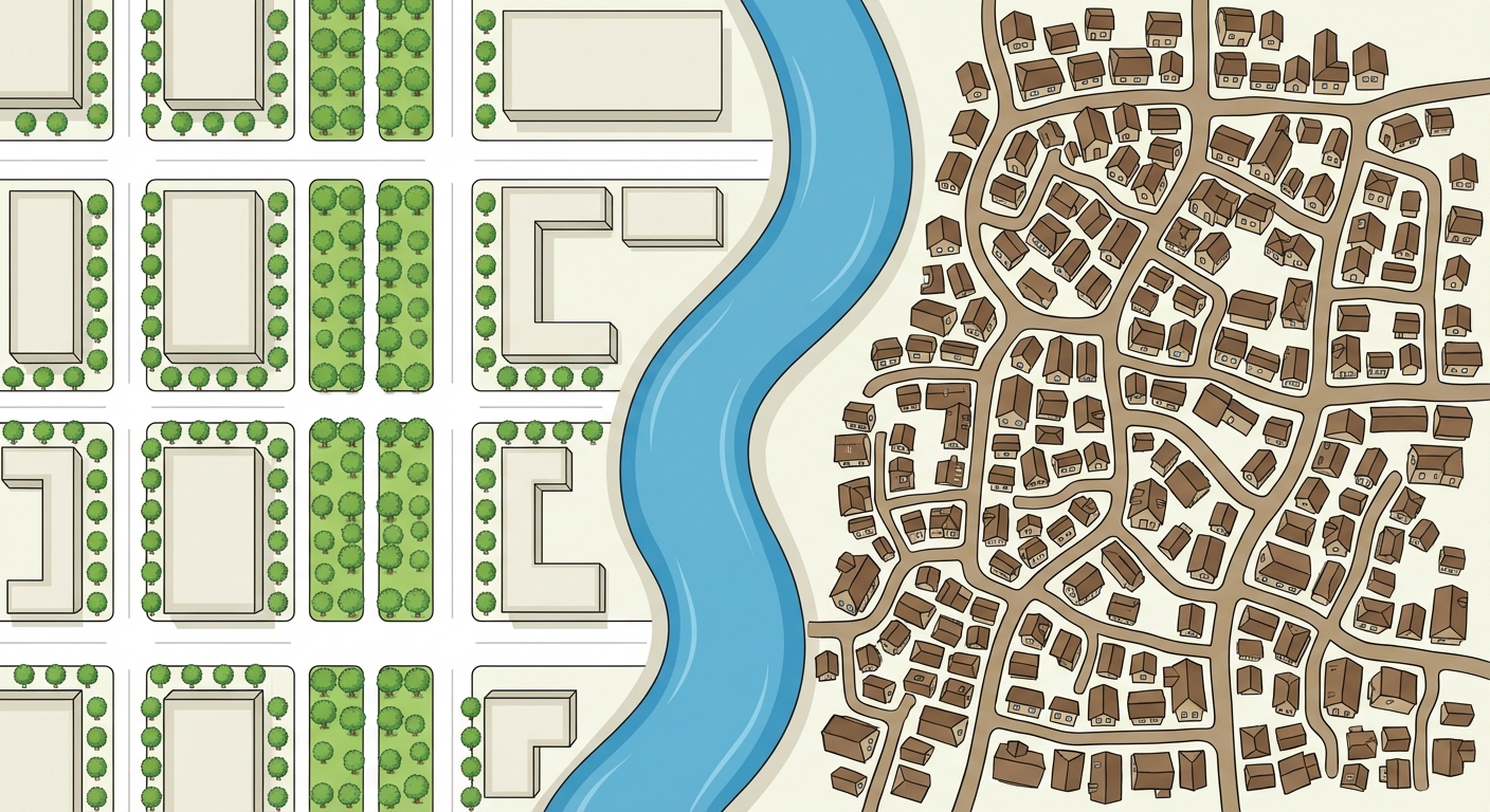 Plan urbain schématique vu de haut montrant deux quartiers nettement séparés par un large canal bleu. D'un côté, un plan en damier géométrique avec de larges rues blanches, de grands bâtiments espacés et des arbres alignés. De l'autre côté, un réseau de toutes petites rues sinueuses et très serrées avec de petites maisons denses à toits bruns.