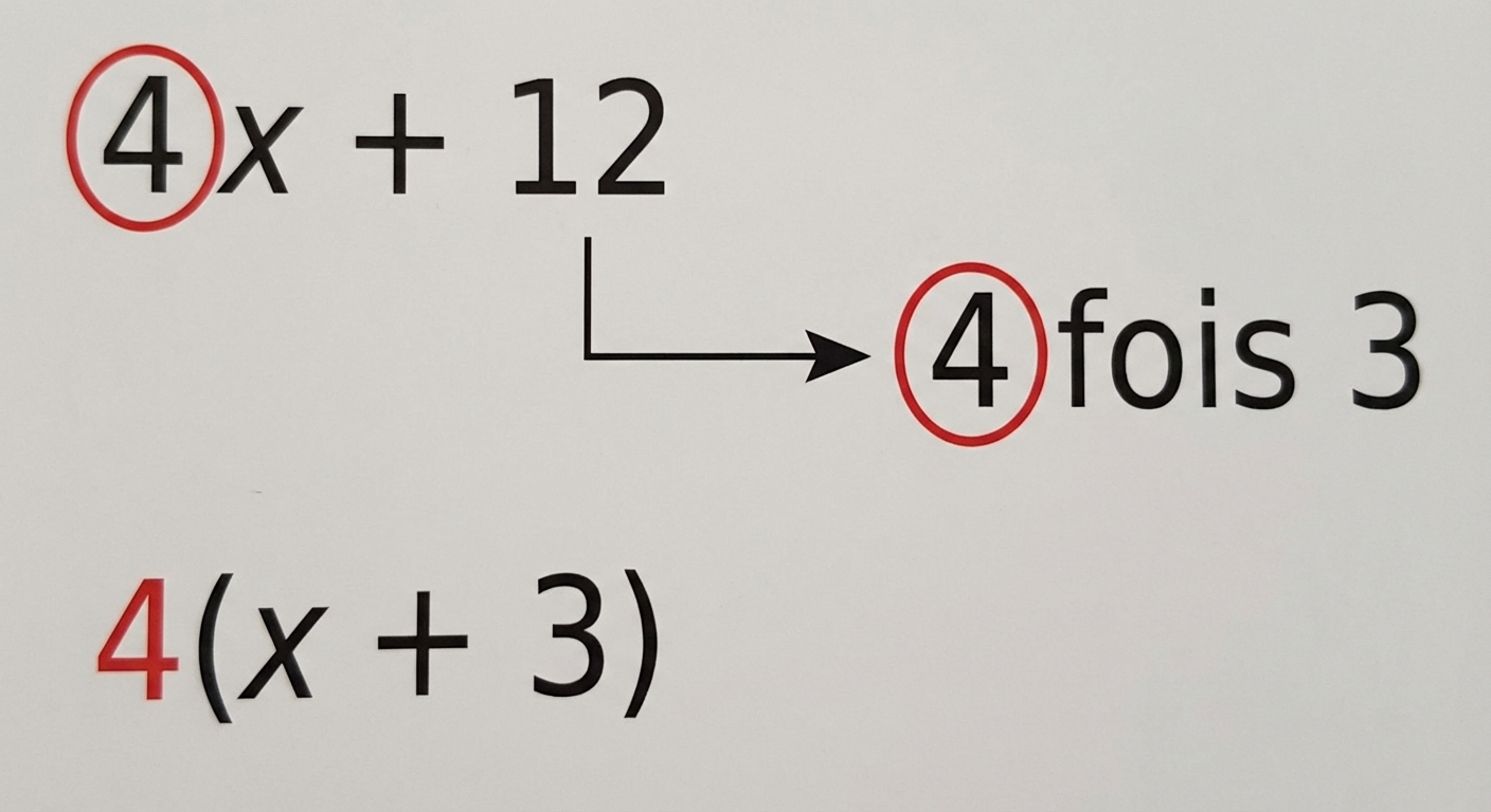 Schéma explicatif sur fond blanc. En haut : '4x + 12'. Une flèche montre que 12 se décompose en '4 fois 3'. Le chiffre 4 est entouré en rouge dans '4x' et dans '4 fois 3'. En bas, le résultat : '4(x + 3)' avec le 4 en rouge devant la parenthèse.