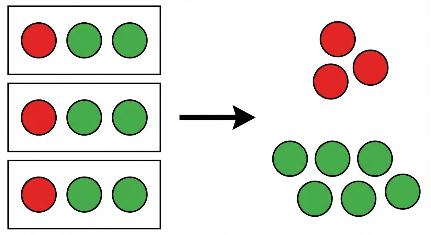 Dessin simple sur fond blanc. À gauche, 3 grands rectangles (paniers) contenant chacun 1 rond rouge (sandwich) et 2 ronds verts (fruits). Une flèche mène vers la droite où les objets sont triés : un tas de 3 ronds rouges et un tas de 6 ronds verts.