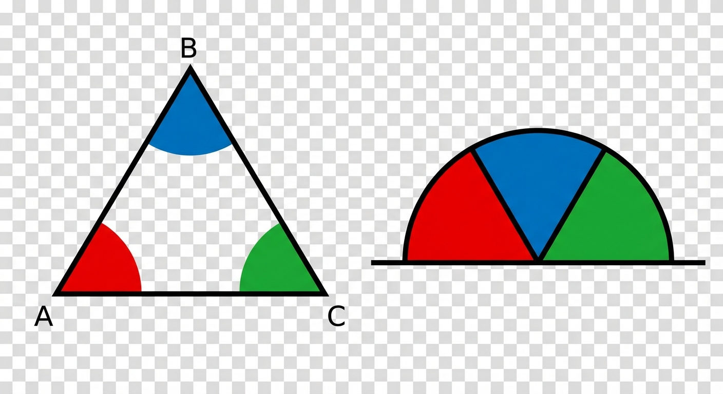Illustration en 2 étapes. Étape 1 : un triangle ABC avec l'angle A en rouge, B en bleu, C en vert. Étape 2 : Les trois angles colorés (rouge, bleu, vert) sont assemblés pointe contre pointe sur une ligne horizontale droite, formant un demi-cercle parfait.