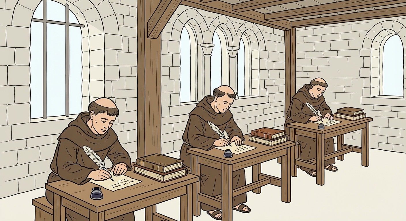 Intérieur d'un monastère en pierre. Trois moines en robe de bure sont assis à des pupitres en bois. Ils écrivent avec des plumes sur des parchemins. Il y a des encriers et des livres anciens posés sur les tables.