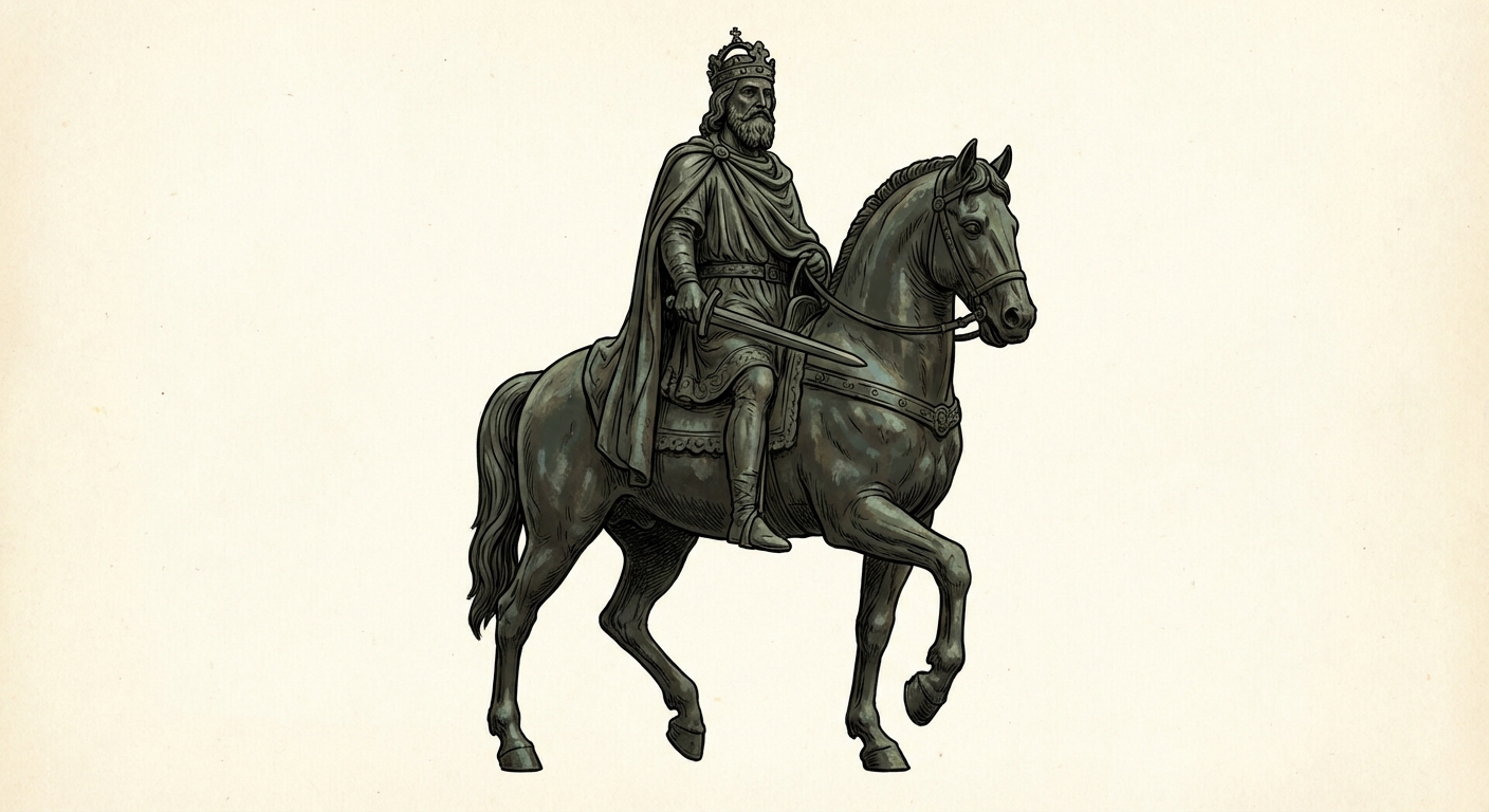 Statue équestre de Charlemagne en bronze. Un homme barbu avec une couronne sur la tête, portant une cape, tenant une épée, assis sur un cheval qui marche. Style ancien.