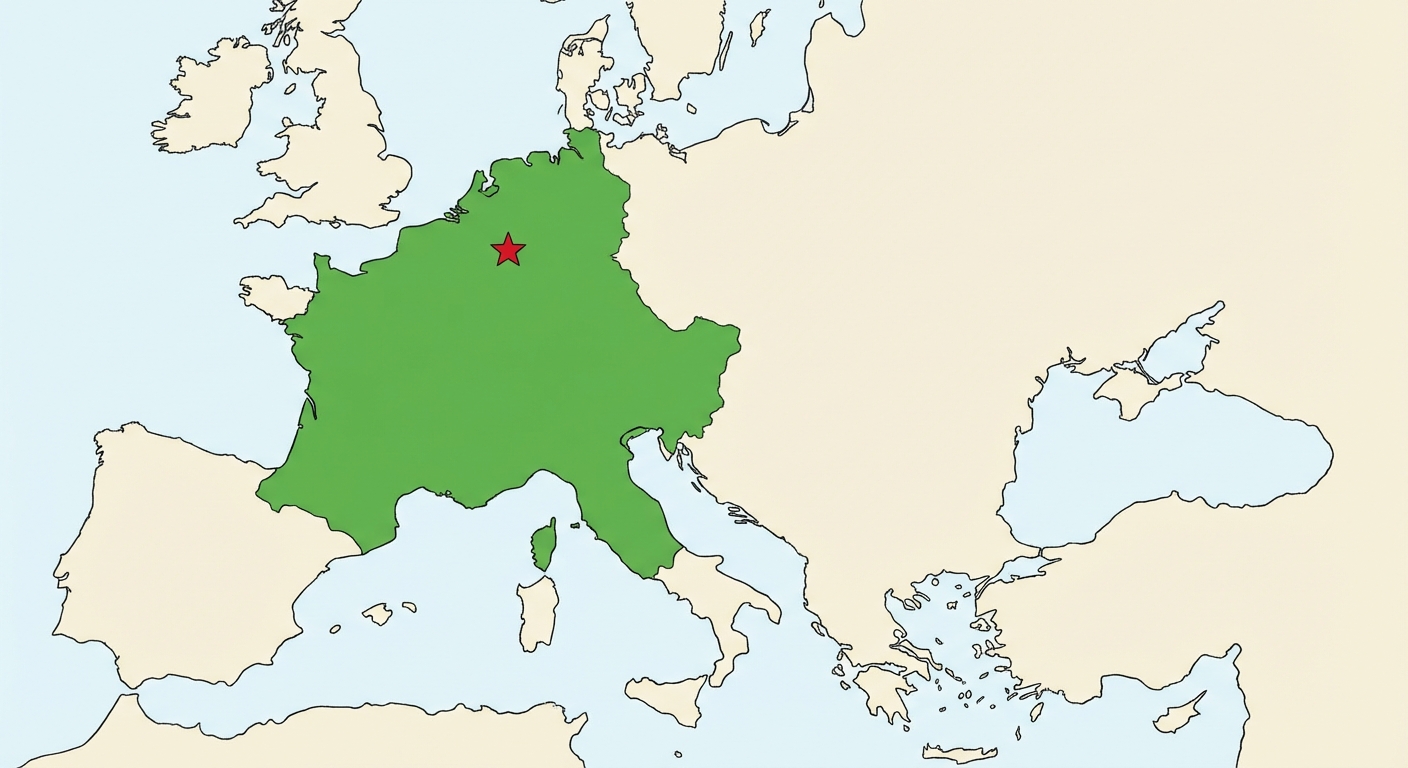Carte historique simple de l'Europe. Une grande zone est coloriée en vert représentant l'Empire de Charlemagne (couvrant la France, l'Allemagne, le nord de l'Italie). Une étoile rouge indique la ville d'Aix-la-Chapelle au nord-est.