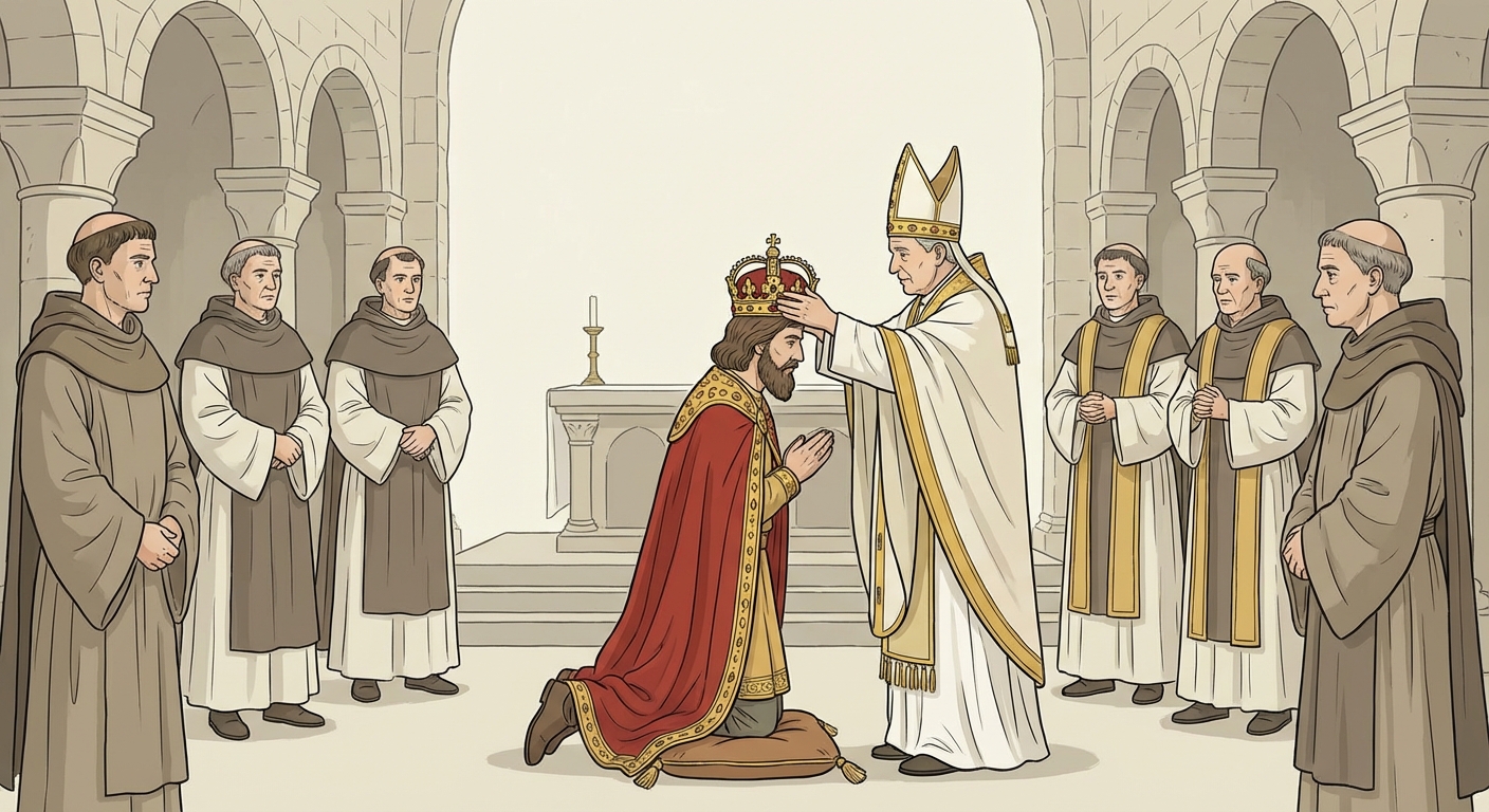 Scène de couronnement dans une église ancienne. Charlemagne est à genoux, portant un manteau royal rouge et or. Le Pape, debout en habits blancs et dorés, pose une couronne en or sur la tête de Charlemagne. Il y a des hommes d'église autour.