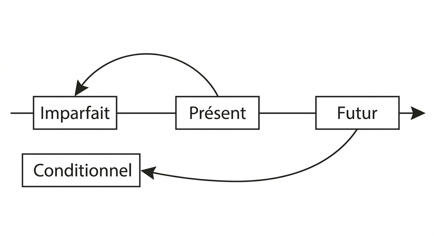 Schéma chronologique simple sur fond blanc. Une flèche du temps va de gauche à droite. Trois boîtes reliées par des flèches courbes vers l'arrière (vers la gauche) : une boîte 'Présent' recule vers une boîte 'Imparfait', une boîte 'Futur' recule vers une boîte 'Conditionnel'.