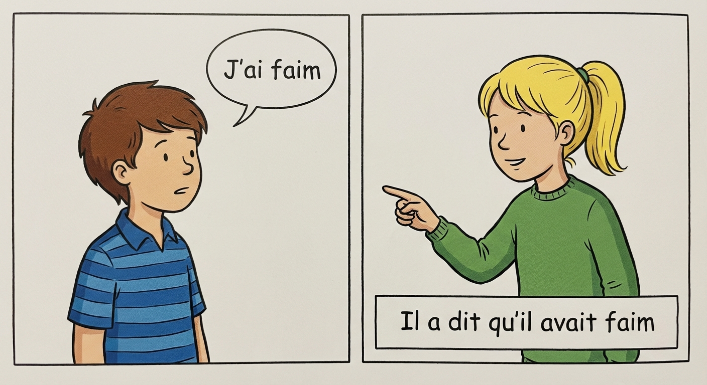 Illustration style bande dessinée divisée en deux. À gauche, un garçon dit 'J'ai faim' dans une bulle. À droite, une fille pointe le garçon du doigt et une légende narrative indique 'Il a dit qu'il avait faim' sans bulle.