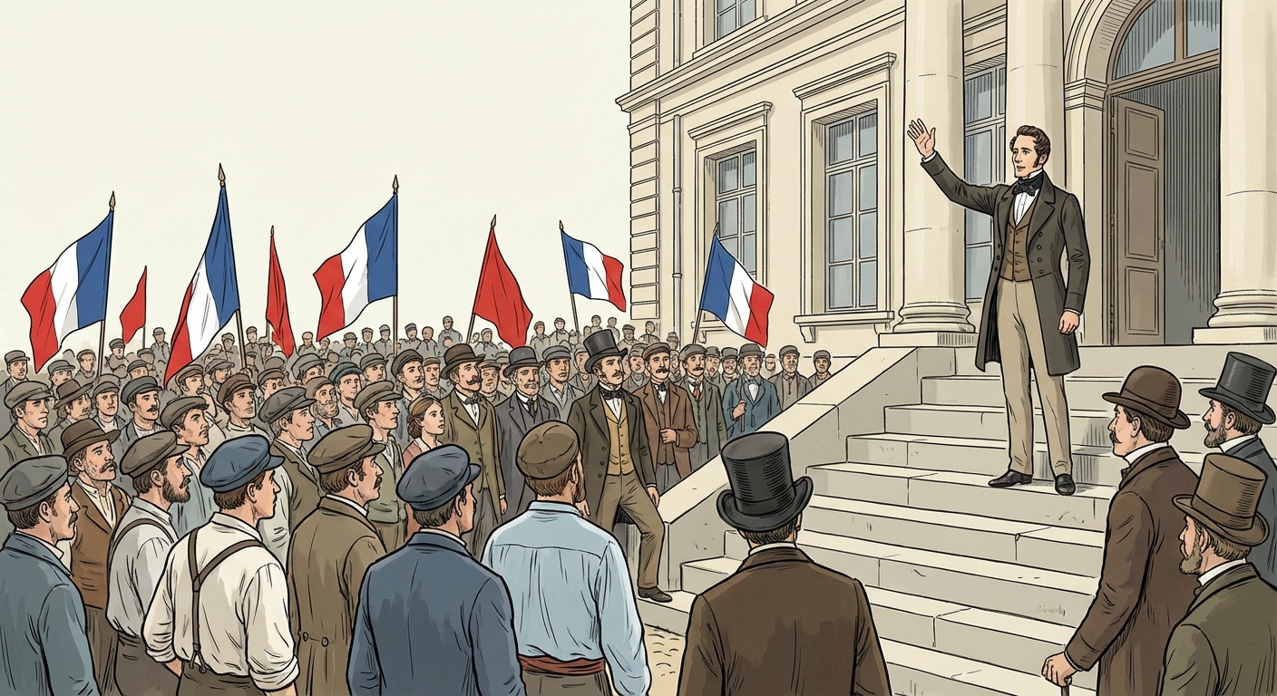 Dessin historique réaliste. Un homme grand et élégant, Alphonse de Lamartine, se tient debout sur les marches en pierre d'un grand bâtiment classique. Il lève le bras droit pour haranguer une foule dense d'ouvriers et de bourgeois. Dans la foule, on voit cinq drapeaux bleu blanc rouge et trois drapeaux entièrement rouges.