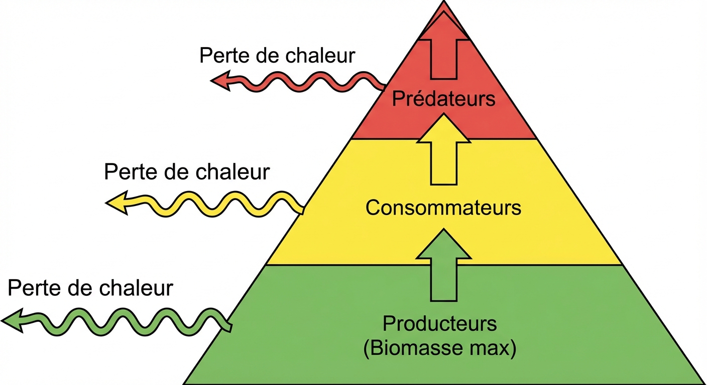 Schéma pyramidal sur fond blanc. Base large verte 'Producteurs (Biomasse max)', étage moyen jaune 'Consommateurs', sommet petit rouge 'Prédateurs'. Des flèches sortent de chaque niveau vers le haut (matière) et des flèches ondulées sortent vers le côté indiquant 'Perte de chaleur'.