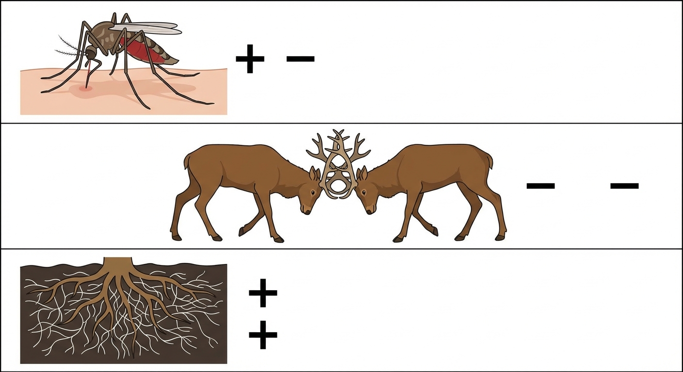 Tableau simple à 3 lignes sur fond blanc. Ligne 1 : dessin d'un moustique sur un bras (parasitisme) avec symboles + et -. Ligne 2 : dessin de deux cerfs qui se battent (compétition) avec symboles - et -. Ligne 3 : dessin d'une racine avec champignon (symbiose) avec symboles + et +.