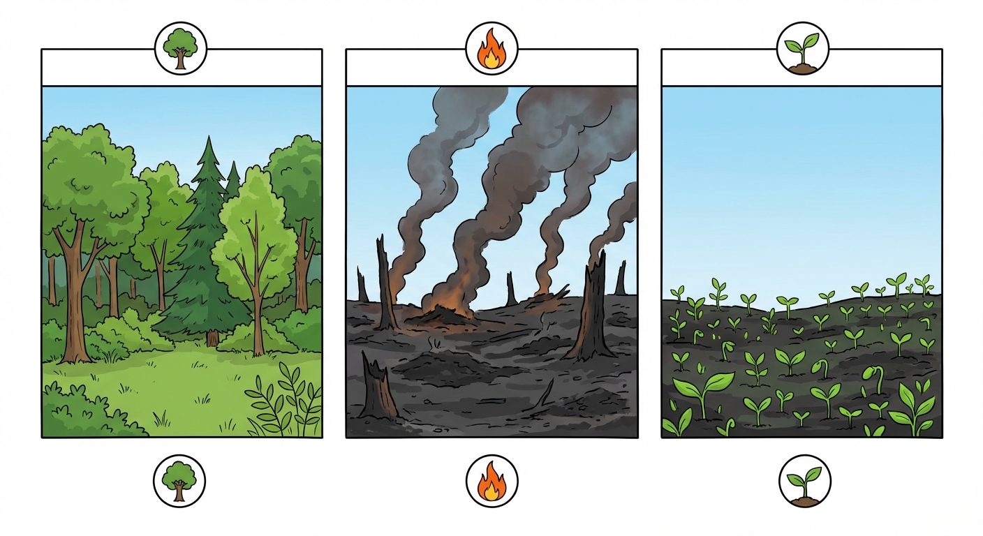 Schéma chronologique en 3 étapes. 1: Forêt verte. 2: Sol noir et fumant après incendie. 3: Jeunes pousses vertes vigoureuses qui recolonisent l'espace noirci.