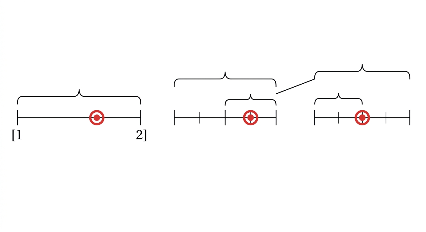 Schéma simple. Un segment [1, 2] horizontal. Une cible rouge sur le segment. Des accolades au-dessus montrent qu'on divise le segment par deux, puis encore par deux, zoomant progressivement sur la cible rouge.
