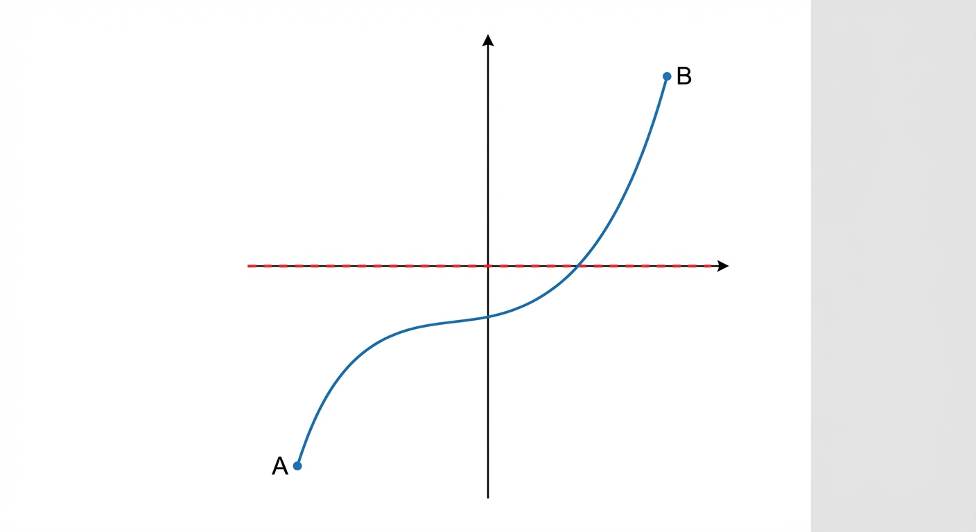 Graphique épuré 2D sur fond blanc. Un repère classique. Une courbe bleue continue relie un point A (ordonnée négative) à un point B (ordonnée positive). Une ligne horizontale rouge pointillée traverse le graphique à l'ordonnée 0. La courbe coupe la ligne rouge au moins une fois.