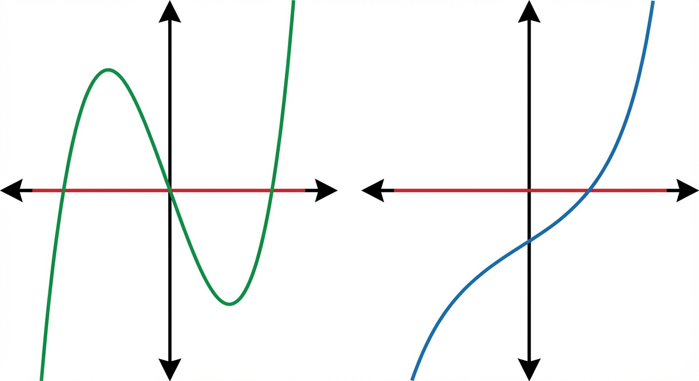 Deux graphiques côte à côte. Gauche : courbe verte qui ondule et coupe une ligne horizontale rouge trois fois. Droite : courbe bleue strictement croissante qui coupe la même ligne horizontale rouge exactement une seule fois.