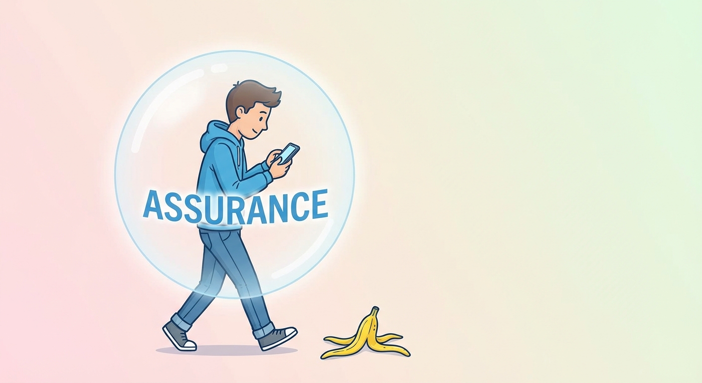 Dessin humoristique. Un personnage marche en regardant son téléphone sans voir une peau de banane, car il est entouré d'une bulle protectrice marquée 'Assurance'.