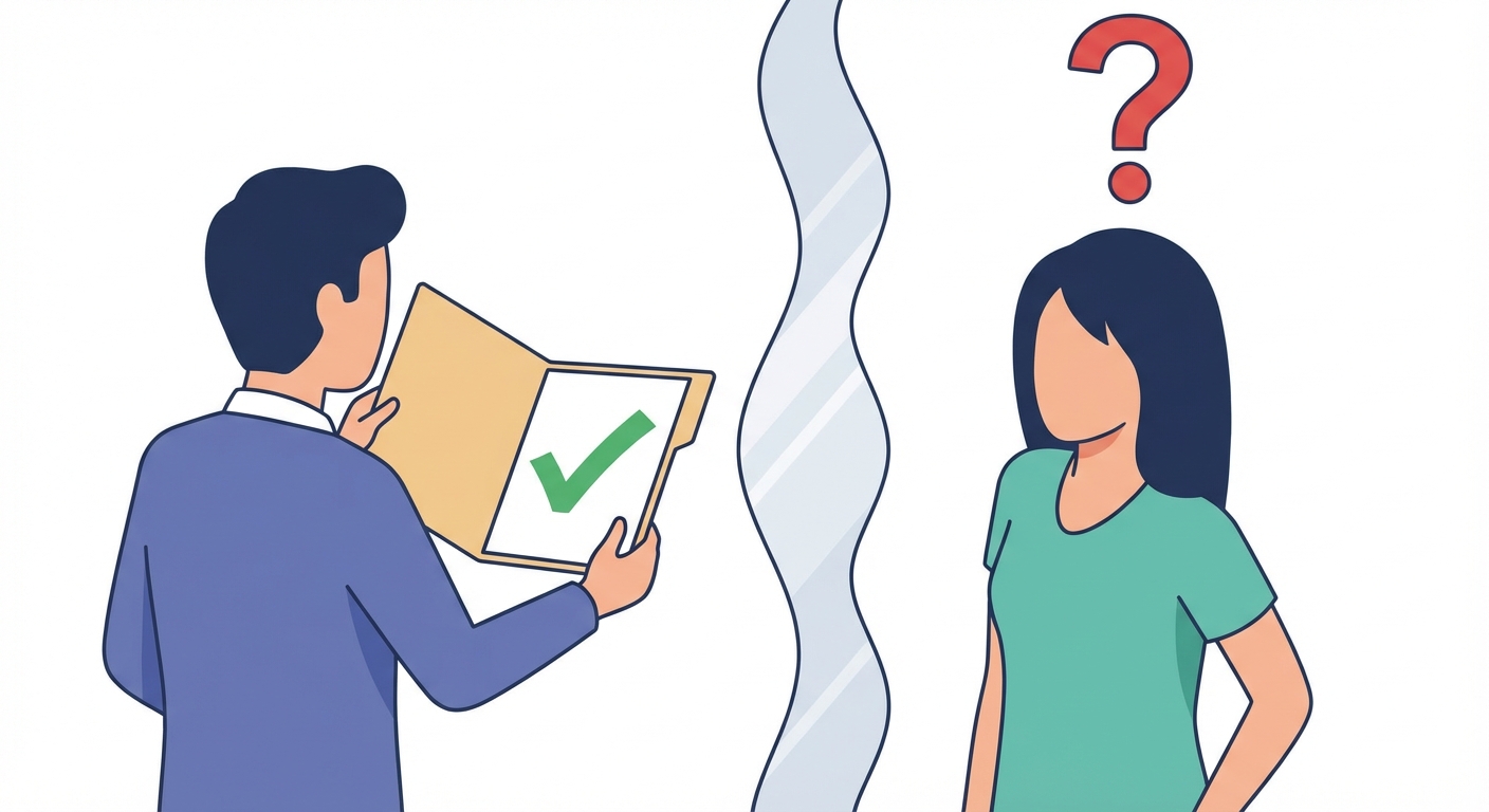 Dessin vectoriel simple sur fond blanc. À gauche, un vendeur tient un dossier avec une coche verte visible pour lui seul. À droite, un acheteur a un point d'interrogation au-dessus de la tête. Une barrière semi-transparente symbolise le manque d'information.