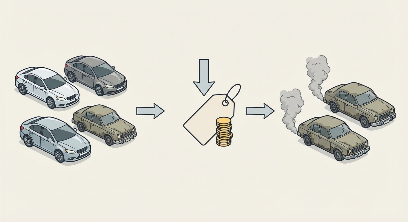Schéma simple. Étape 1 : Voitures neuves et vieilles mélangées. Étape 2 : Un prix bas est proposé. Étape 3 : Les voitures neuves partent, il ne reste que les vieilles voitures qui fument.
