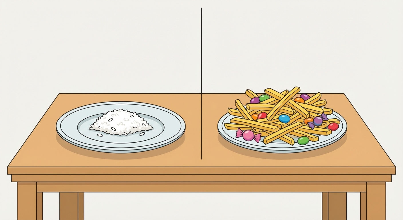 Dessin simple séparé en deux parties égales par un trait vertical. À gauche, une assiette presque vide contenant seulement une petite poignée de riz blanc, sur une table en bois nu. À droite, une assiette très remplie de frites et de bonbons colorés. Fond uni de couleur claire.