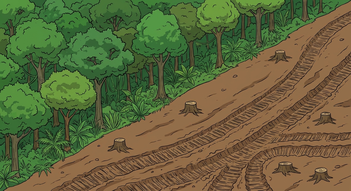 Vue aérienne séparée en diagonale. La partie supérieure gauche montre une forêt tropicale dense et très verte. La partie inférieure droite montre une terre brune totalement déboisée, sillonnée par des traces de tracteurs, avec quelques souches d'arbres coupés restantes.