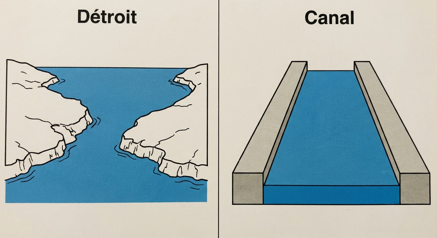 Schéma pédagogique simple divisé en deux parties. À gauche, titre 'Détroit', dessin de deux côtes naturelles irrégulières séparées par de l'eau bleue. À droite, titre 'Canal', dessin de deux rives très droites et régulières construites en béton avec de l'eau au milieu.