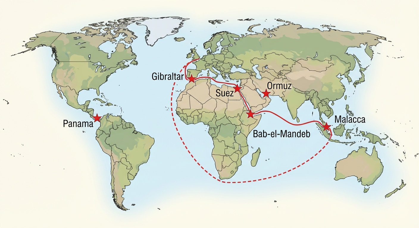 Carte du monde simplifiée mettant en évidence 6 points clés avec des étiquettes : Panama, Suez, Gibraltar, Malacca, Ormuz, Bab-el-Mandeb. Une ligne rouge montre un trajet passant par Suez, une ligne pointillée montre le long contournement de l'Afrique.