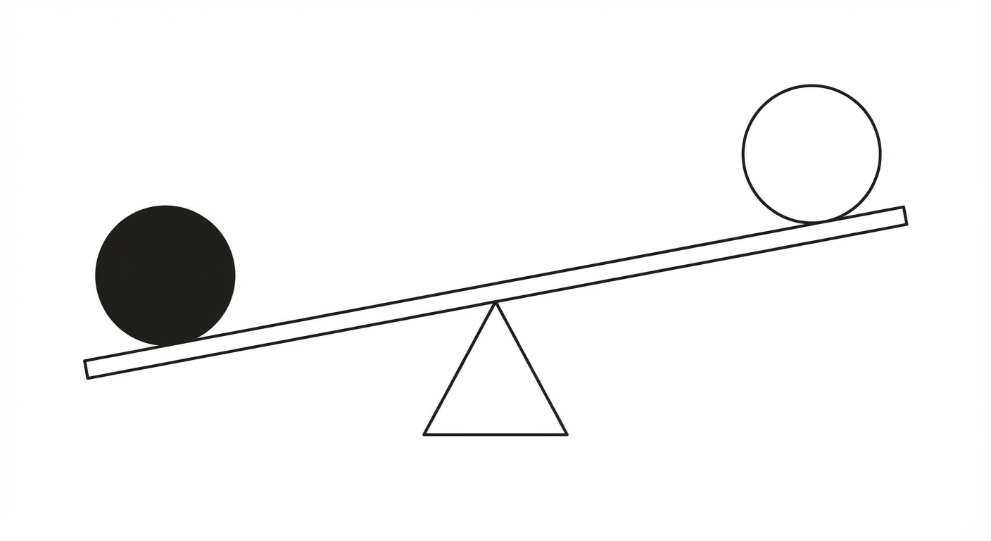 Dessin simple d'une balançoire à bascule vue de profil sur fond blanc. À l'extrémité gauche, une boule noire. À l'extrémité droite, une boule blanche. La planche de la balançoire sépare clairement les deux boules.