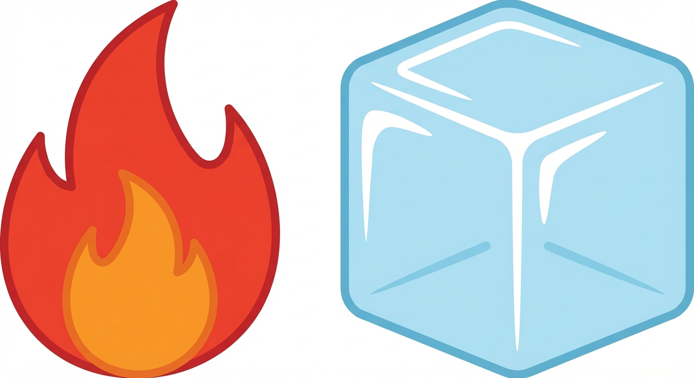 Illustration vectorielle simple sur fond blanc. À gauche, une flamme rouge et orange stylisée représentant le feu. À droite, un cube de glace bleu clair représentant le froid. Les deux éléments sont posés l'un à côté de l'autre, de même taille.
