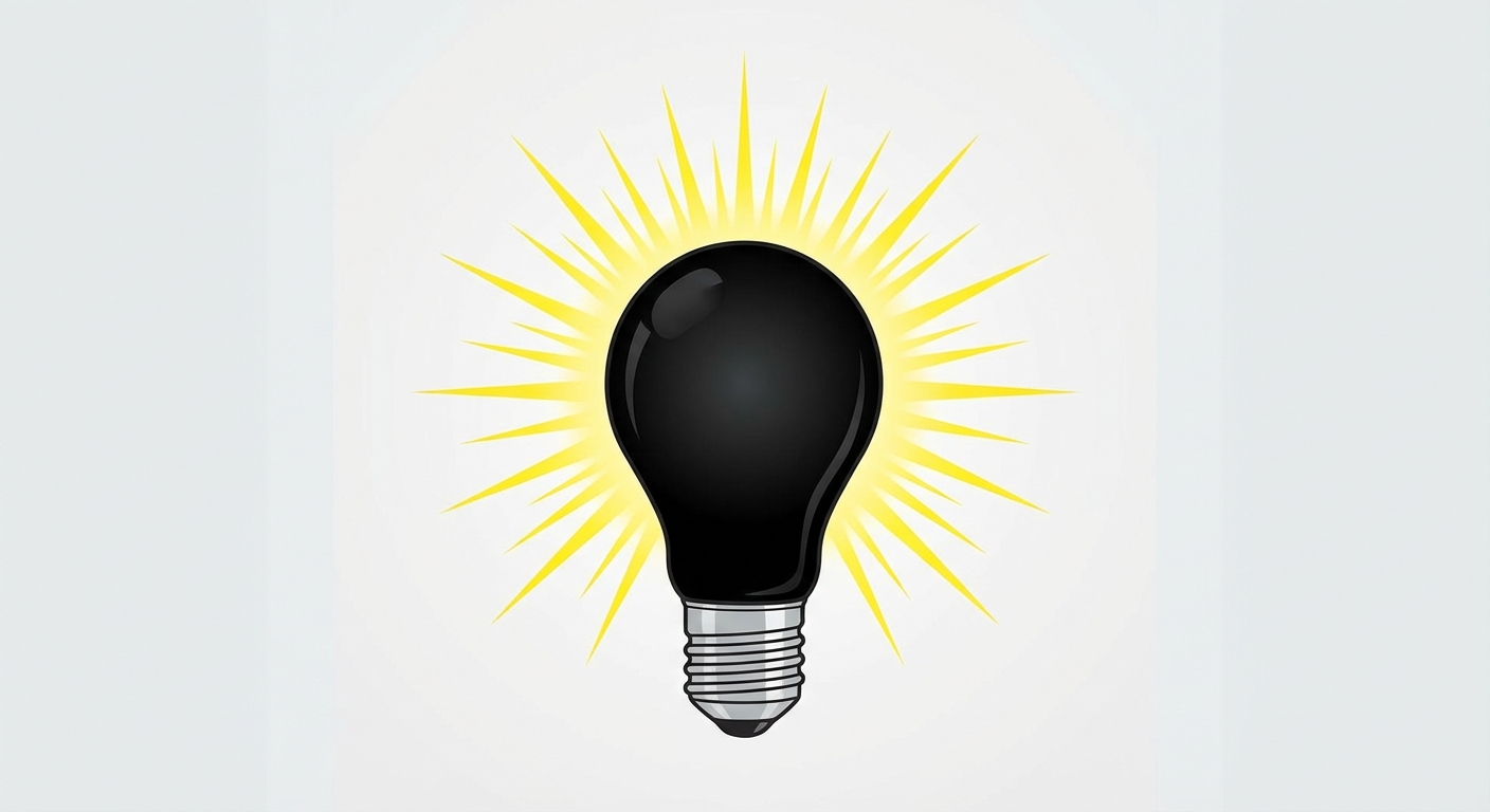 Dessin en gros plan d'une ampoule électrique classique sur fond gris. Le verre de l'ampoule est peint en noir opaque, mais des rayons lumineux jaunes vifs sortent quand même de l'ampoule noire.