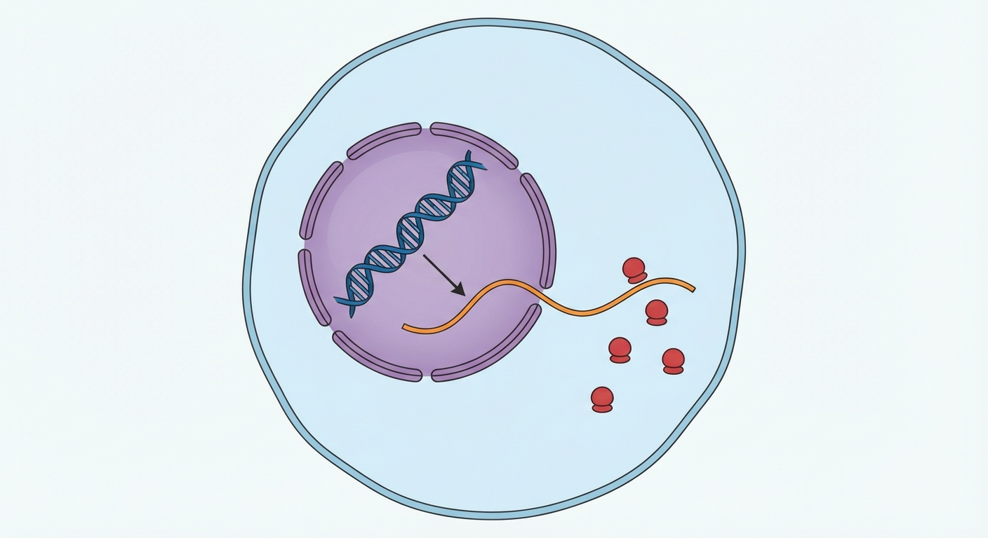Schéma simple d'une cellule eucaryote. Le noyau contient une double hélice (ADN). Une flèche montre la formation d'un brin simple (ARN) qui sort du noyau. Dans le cytoplasme, ce brin rejoint des petites structures rondes (ribosomes).