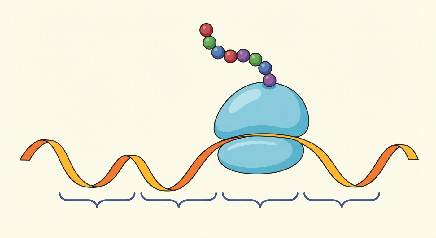 Schéma simplifié : une structure en deux parties (ribosome) lit un ruban (ARNm). Au sommet, une chaîne de perles colorées (acides aminés) s'allonge. Des accolades sous l'ARNm indiquent les groupes de 3 bases (Codons).