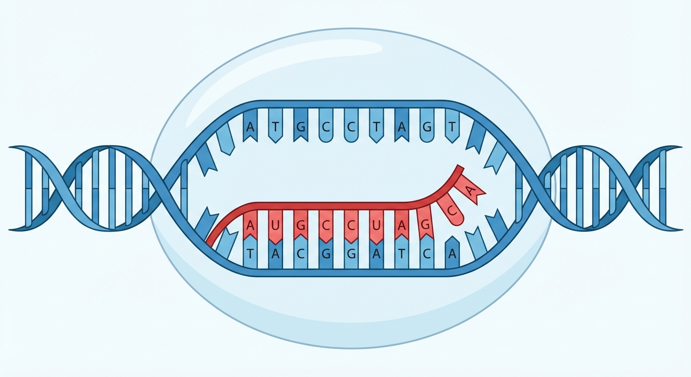 Zoom sur l'ADN ouvert. Un brin d'ARN rouge se construit face au brin d'ADN bleu. Paires visibles : C-G, G-C, T-A, et A-U. L'enzyme est représentée par une forme ovale englobant la zone de synthèse.
