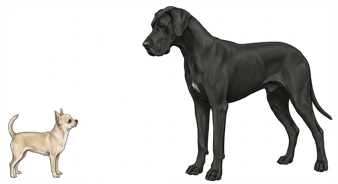 Dessin réaliste ou photo détourée sur fond blanc : à gauche un minuscule Chihuahua beige, à droite un immense Dogue Allemand noir. Les deux chiens se regardent.