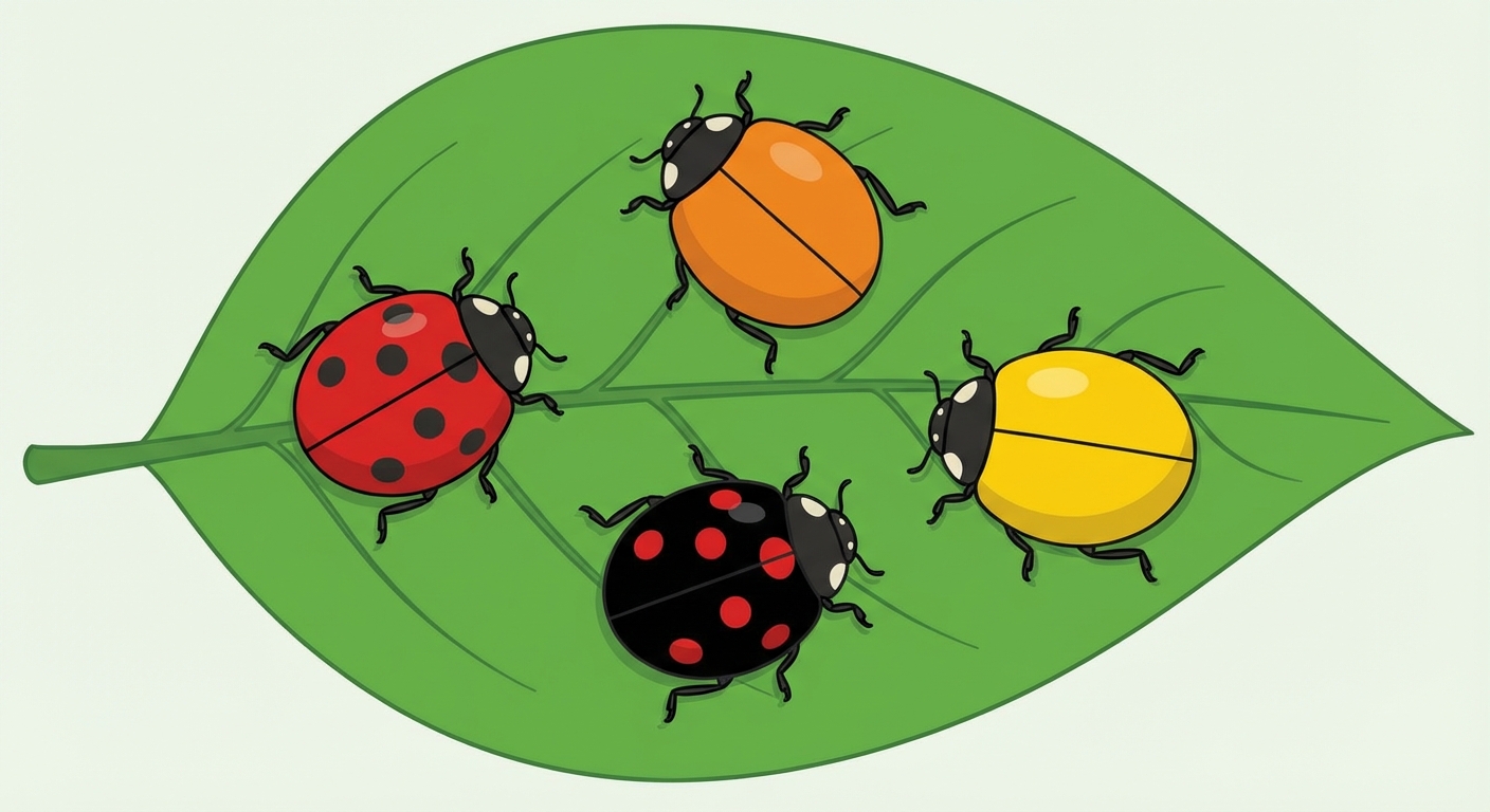 Dessin vue de dessus de 4 coccinelles posées sur une feuille verte. Elles ont la même forme mais des couleurs différentes : une rouge à points noirs, une orange, une noire à points rouges, une jaune.