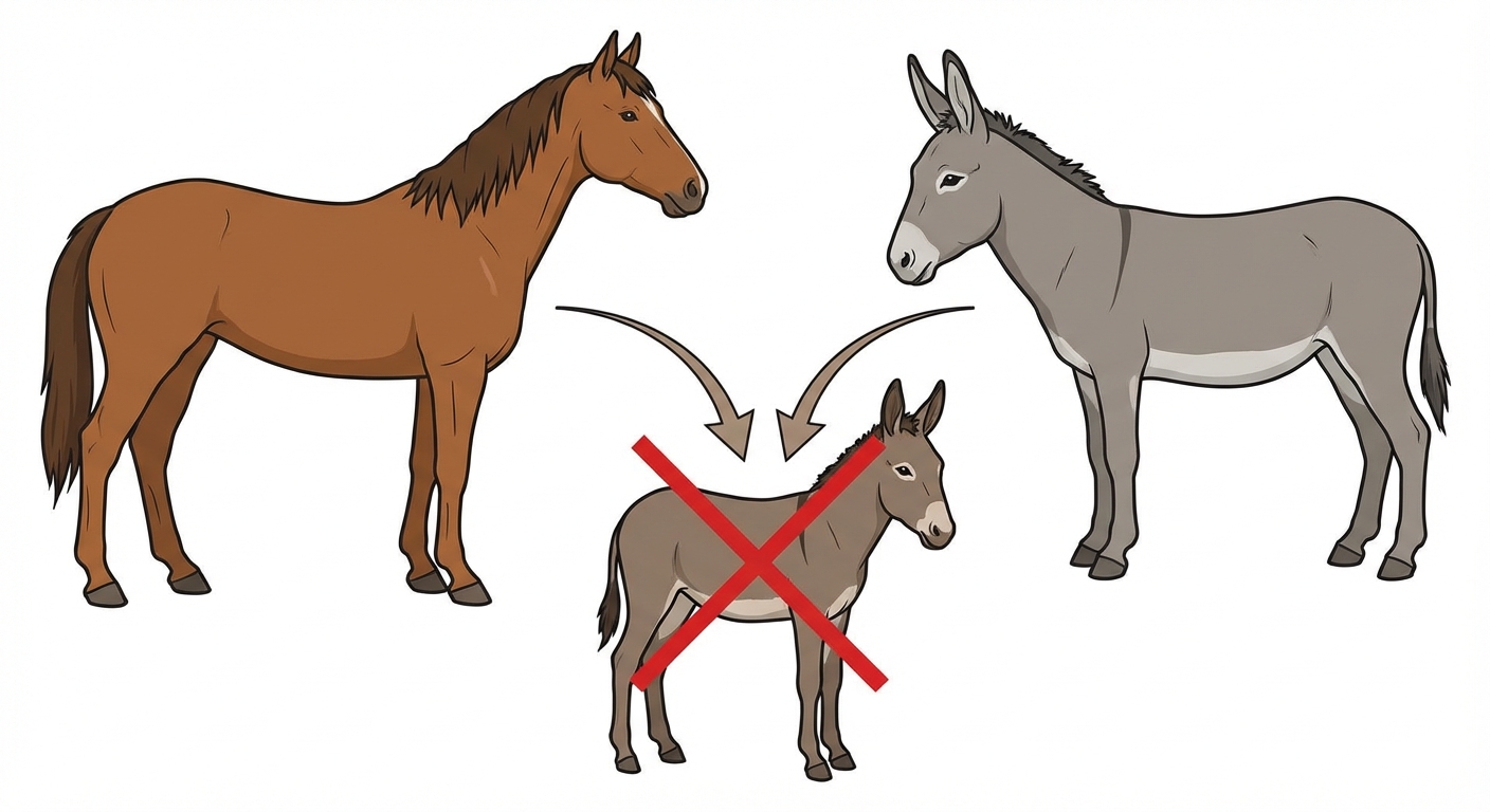 Schéma simple sur fond blanc. À gauche un cheval, à droite un âne. Une flèche part de chacun pour se rejoindre au centre sur un petit mulet. Une croix rouge barre le mulet pour symboliser la stérilité.