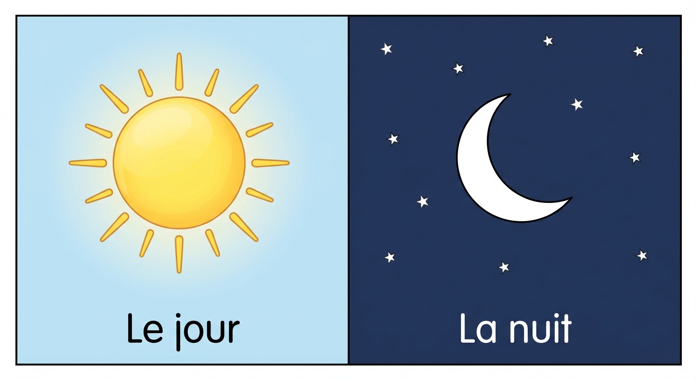 Dessin divisé en deux parties égales verticalement. À gauche, un soleil jaune brillant dans un ciel bleu clair avec le mot 'Le jour' en bas. À droite, une lune blanche et des étoiles dans un ciel bleu foncé avec le mot 'La nuit' en bas.