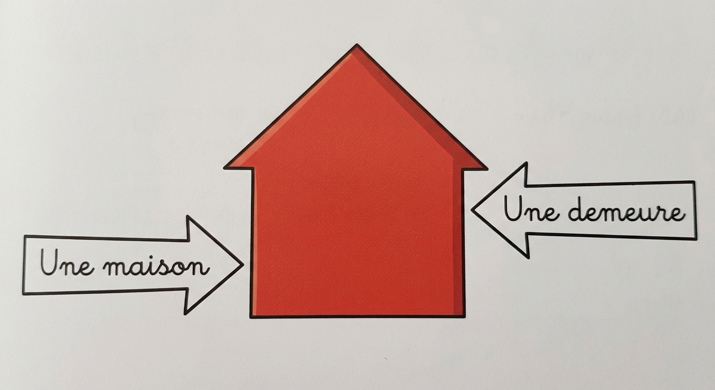 Illustration simple style dessin animé : une belle maison rouge avec un toit pointu. Deux étiquettes fléchées pointent vers la maison. Sur l'étiquette de gauche il est écrit 'Une maison', sur l'étiquette de droite il est écrit 'Une demeure'. Fond blanc.