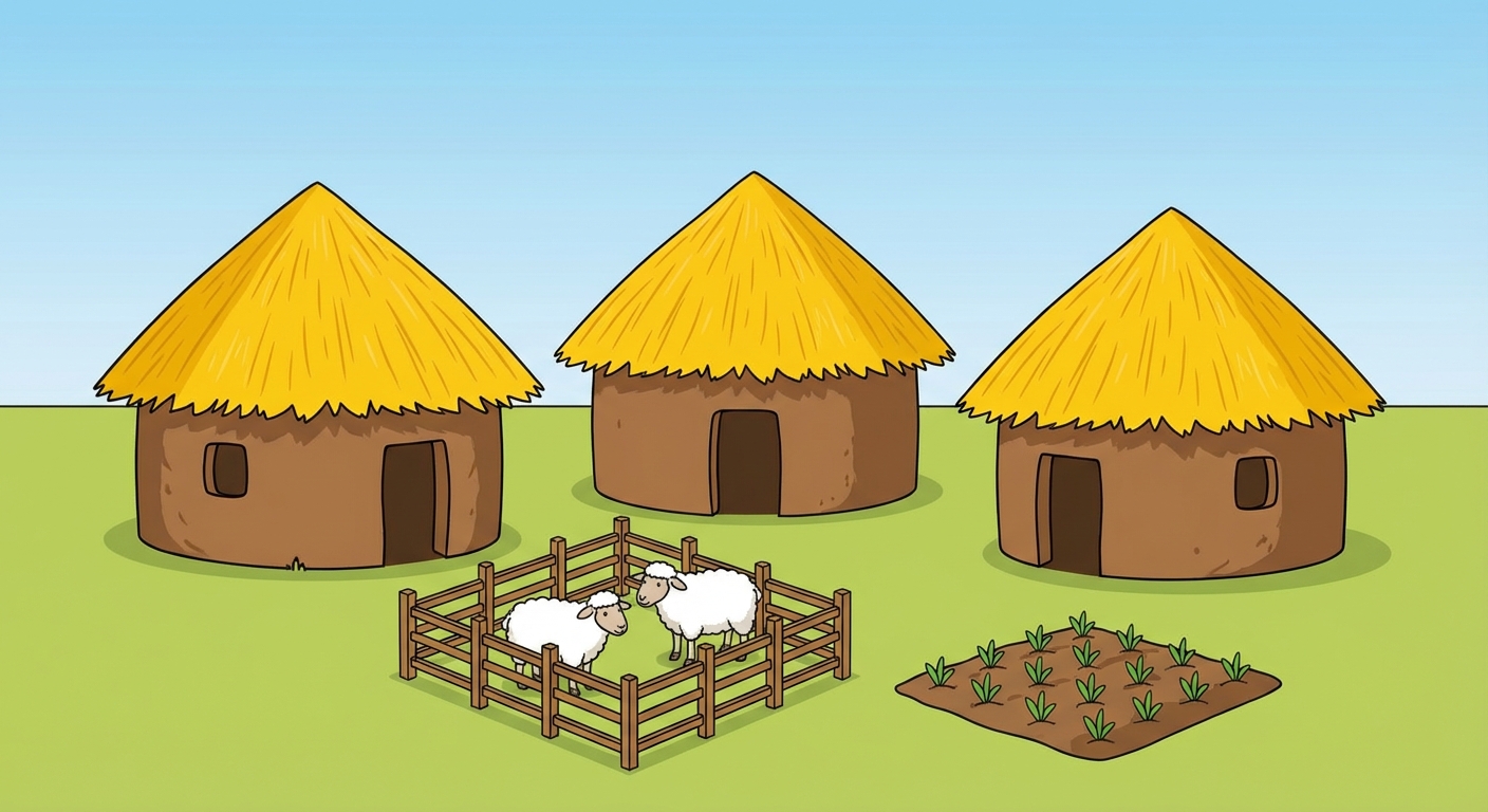 Dessin simple et coloré d'un premier village du Néolithique. On y voit exactement trois petites maisons rondes avec des murs en terre marron et des toits pointus en paille jaune. Devant les maisons, un petit enclos carré fait de barrières en bois contenant deux moutons blancs. À côté de l'enclos, un petit carré de terre cultivée avec des petites pousses vertes. Ciel bleu sans nuage, fond paisible.
