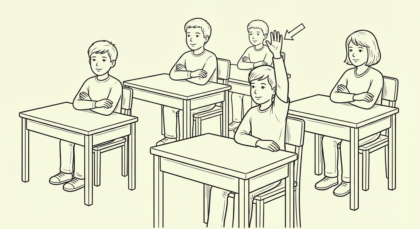 Dessin simple : une salle de classe avec 5 élèves assis à leur bureau. Un seul élève, au premier plan, lève la main bien haut. Les 4 autres ont les bras croisés. Une flèche pointe vers l'élève qui lève la main.