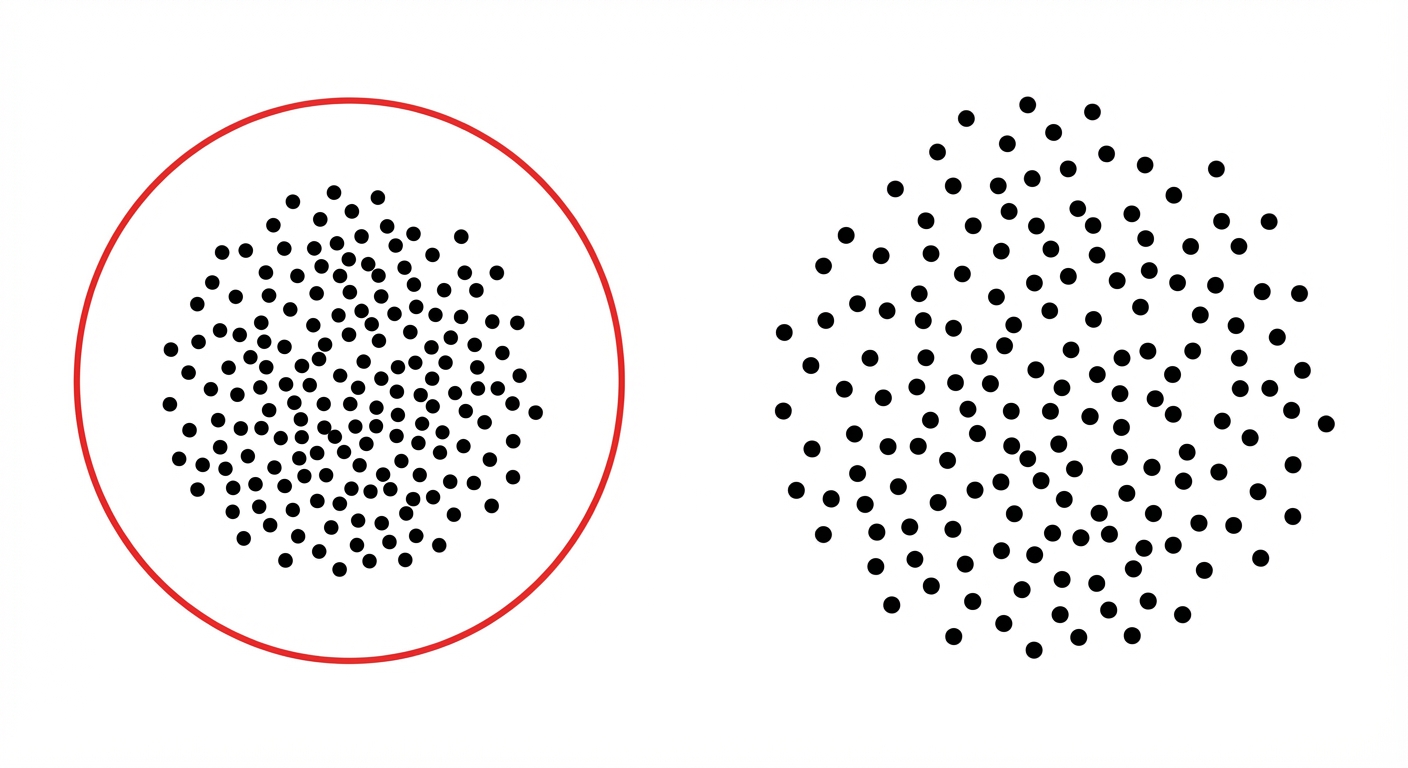 Dessin simple divisé en deux parties. À gauche, un cercle rouge unique contenant plusieurs petits points noirs serrés. À droite, les mêmes points noirs sont dispersés sans le cercle autour. Fond blanc.