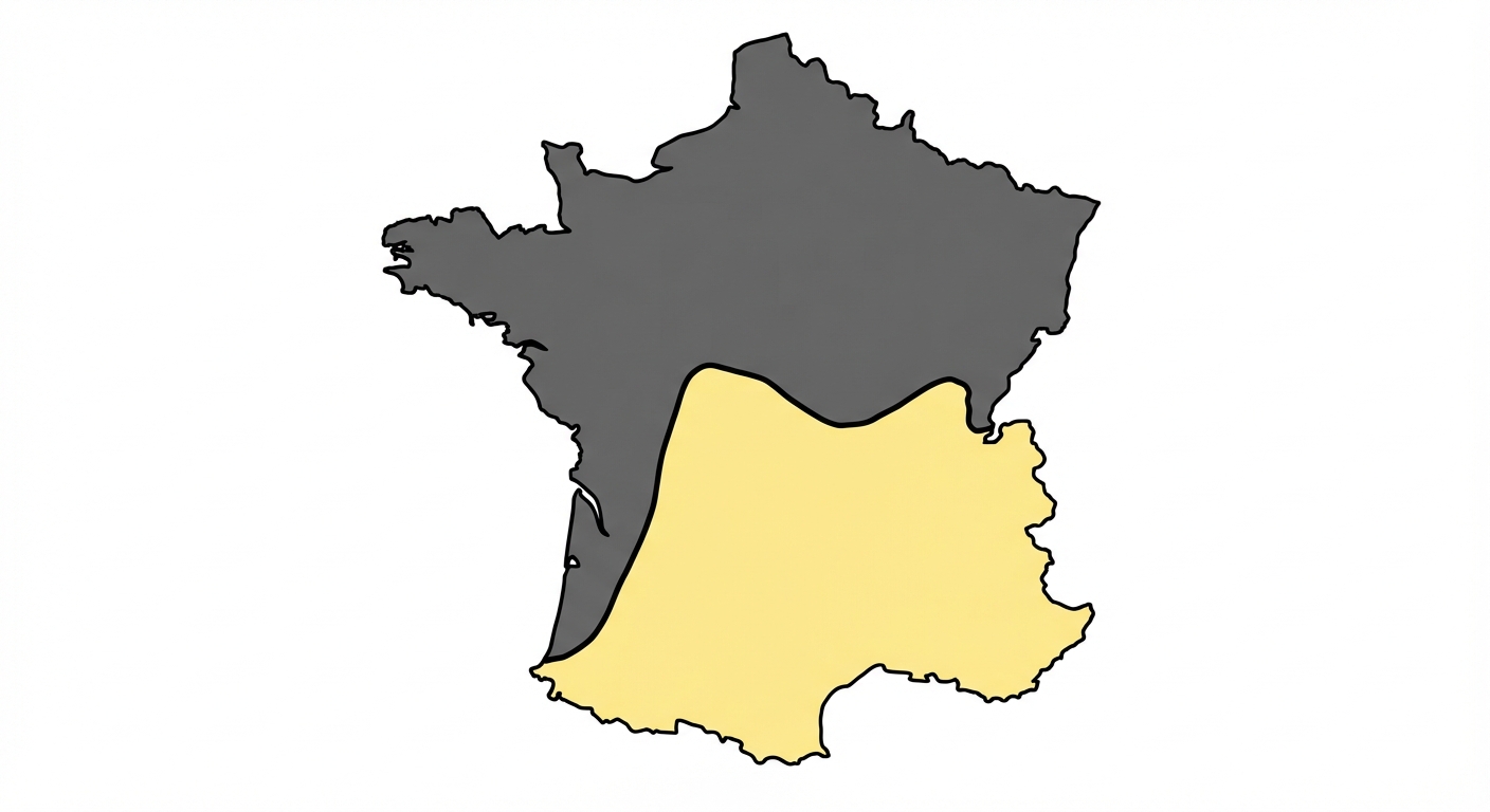 Carte de France simplifiée sur fond blanc. Une ligne noire traverse le pays d'ouest en est. La partie nord est colorée en gris foncé pour représenter la zone occupée, la partie sud est en jaune clair pour la zone libre.