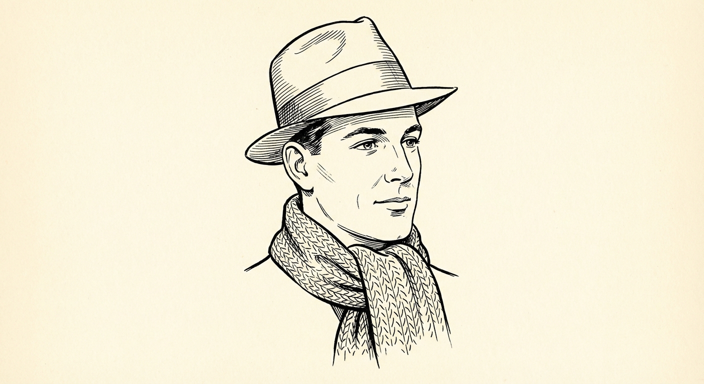 Portrait dessin simple en noir et blanc d'un homme portant un chapeau feutre et une écharpe autour du cou, style années 1940. Il regarde calmement vers la droite.
