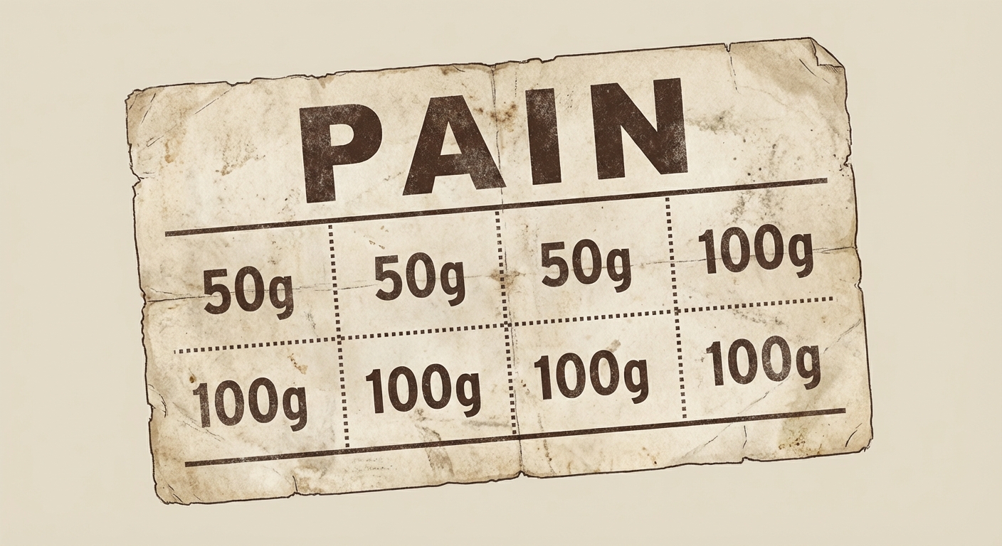 Gros plan sur un vieux ticket de rationnement français des années 40 en papier jauni. On y lit le mot PAIN en lettres majuscules et des cases avec des grammages (50g, 100g).