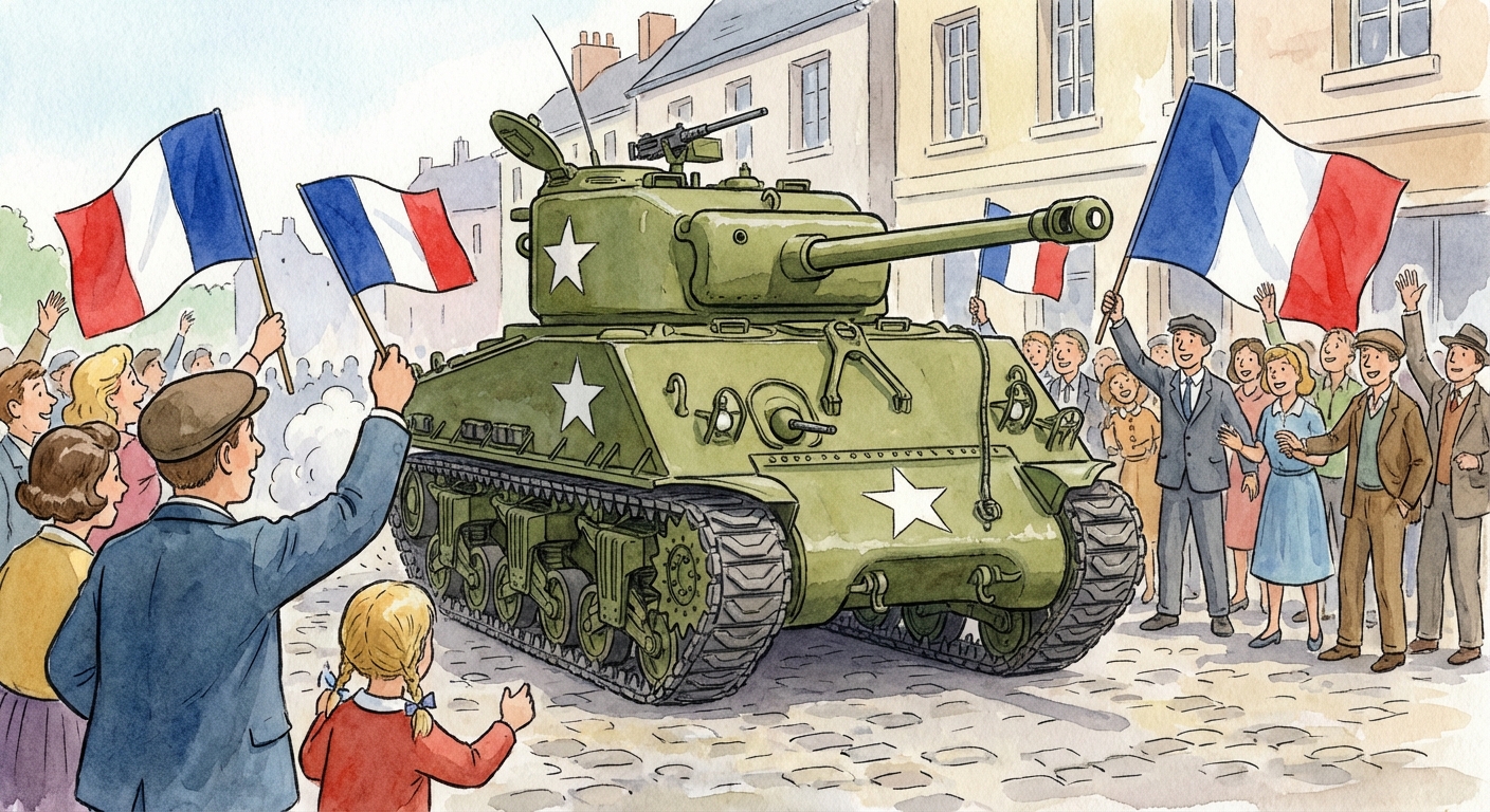 Scène de rue en 1944. Un char allié vert olive avec une étoile blanche passe au milieu d'une foule joyeuse qui agite trois drapeaux français bleu blanc rouge.