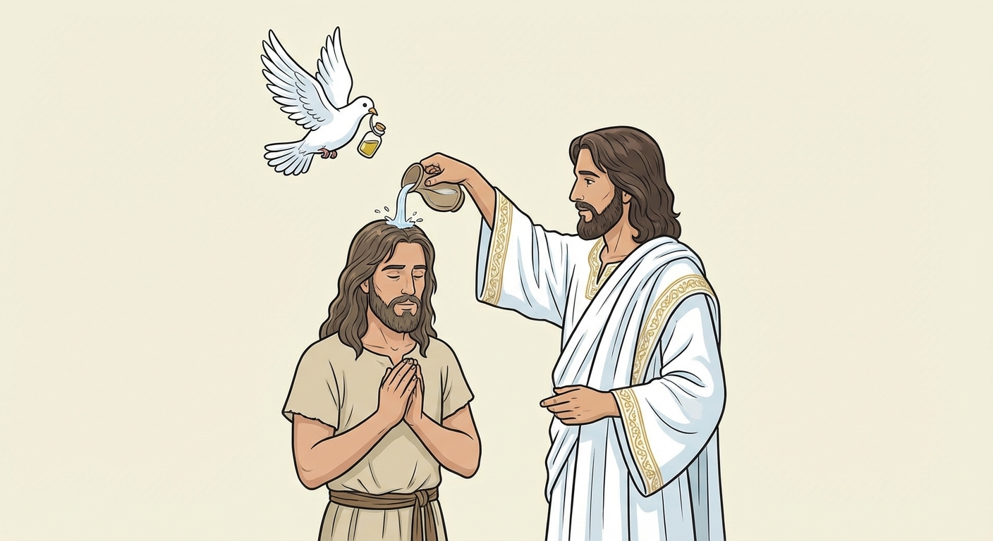 Dessin coloré pour enfants : un homme aux cheveux longs se tient debout, les mains jointes. Un autre homme vêtu d'une belle robe blanche verse de l'eau sur sa tête avec un petit récipient. Une colombe blanche vole au-dessus d'eux avec une petite fiole dans le bec.
