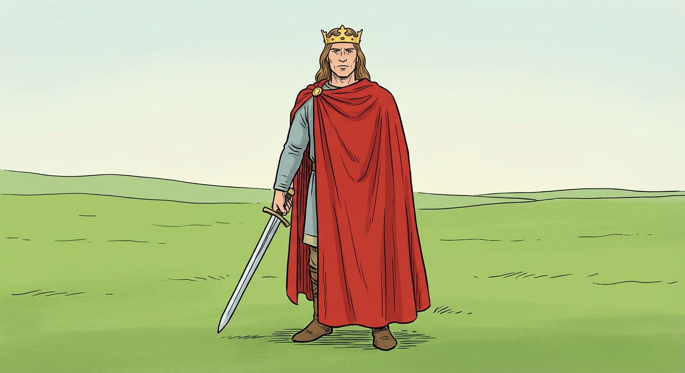 Dessin de style livre d'histoire pour enfants : un homme grand et fort avec des cheveux longs, portant une couronne dorée simple et un grand manteau rouge. Il tient une épée pointée vers le sol. Le fond est un paysage vert tout simple sans autres détails.