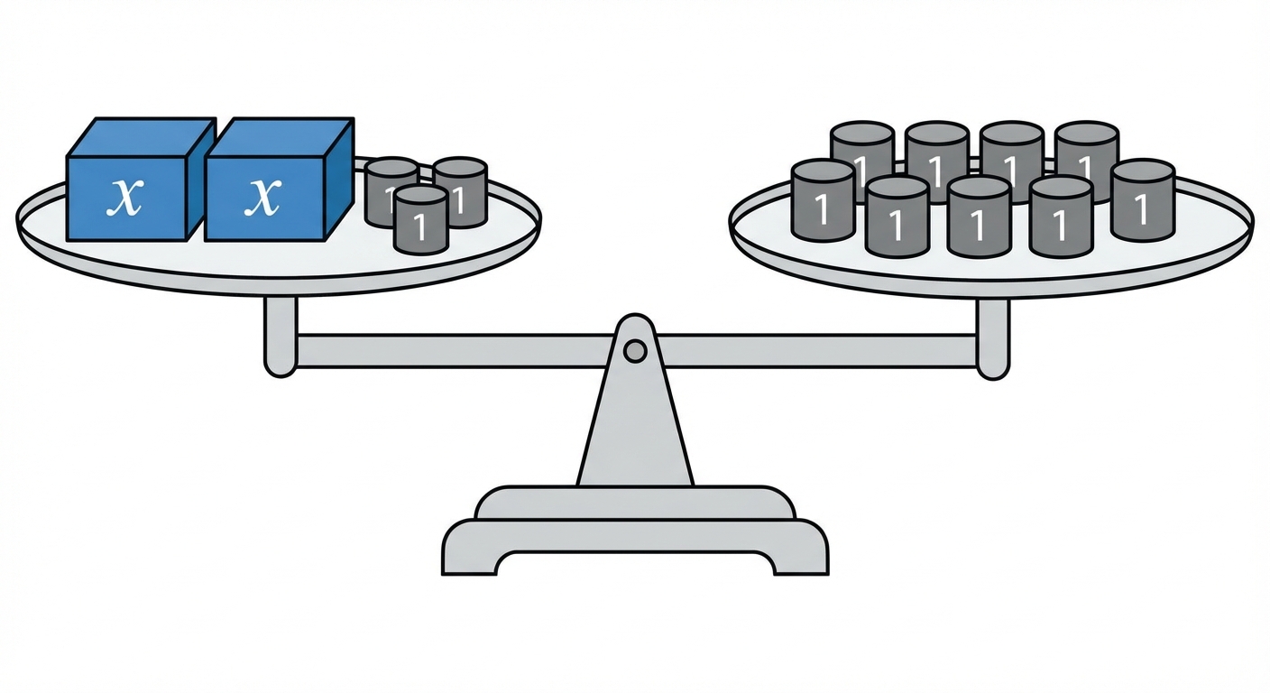 Dessin vectoriel simple d'une balance de Roberval à l'équilibre. Plateau de gauche : 2 boîtes bleues marquées 'x' et 3 poids gris marqués '1'. Plateau de droite : 9 poids gris marqués '1'. Fond blanc épuré.