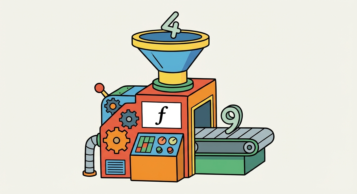 Illustration style dessin animé d'une machine d'usine colorée avec un entonnoir sur le dessus (entrée) et un tapis roulant sur le côté (sortie). Le nombre 4 tombe dans l'entonnoir. Le nombre 9 sort sur le tapis. Une étiquette avec la lettre 'f' est collée sur la machine.