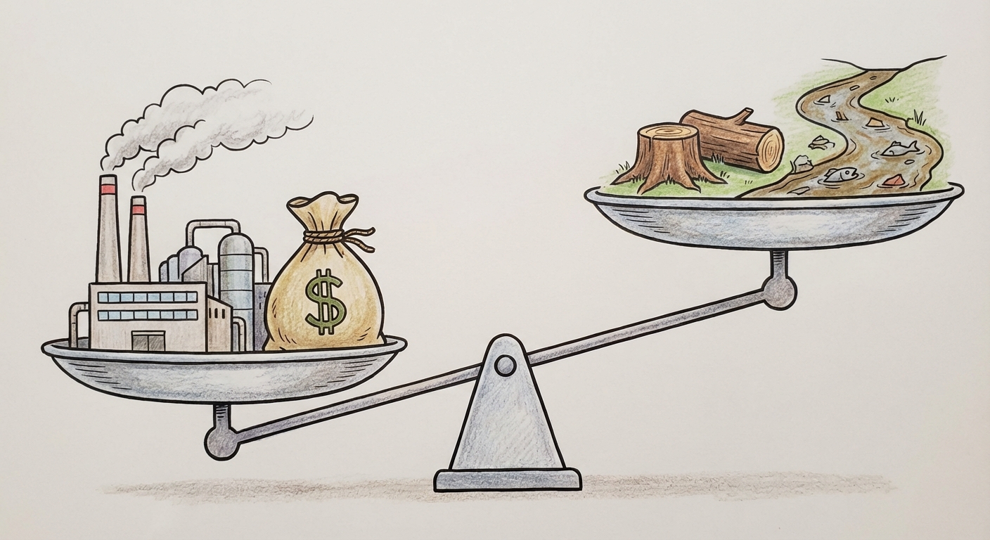 Dessin simple d'une balance. Sur le plateau de gauche, une grosse usine qui fume et un sac d'argent (PIB élevé). Sur le plateau de droite, un arbre coupé et une rivière sale. La balance penche du côté de l'argent.